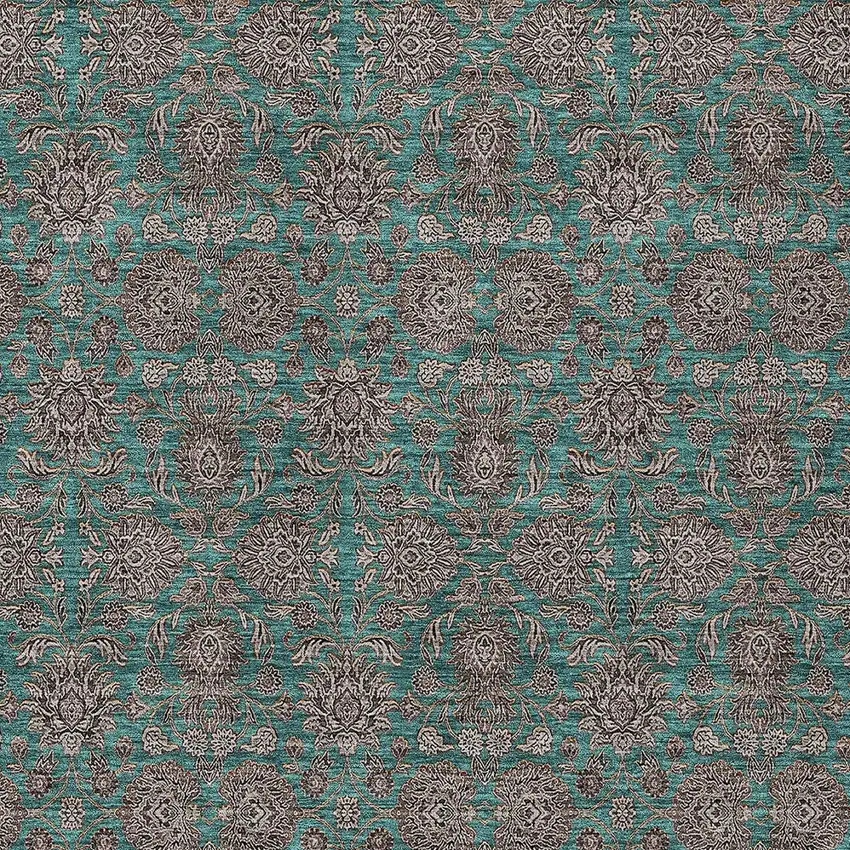 Teal Blue Beige And Taupe Floral Washable Indoor Outdoor Area Rug Photo 5