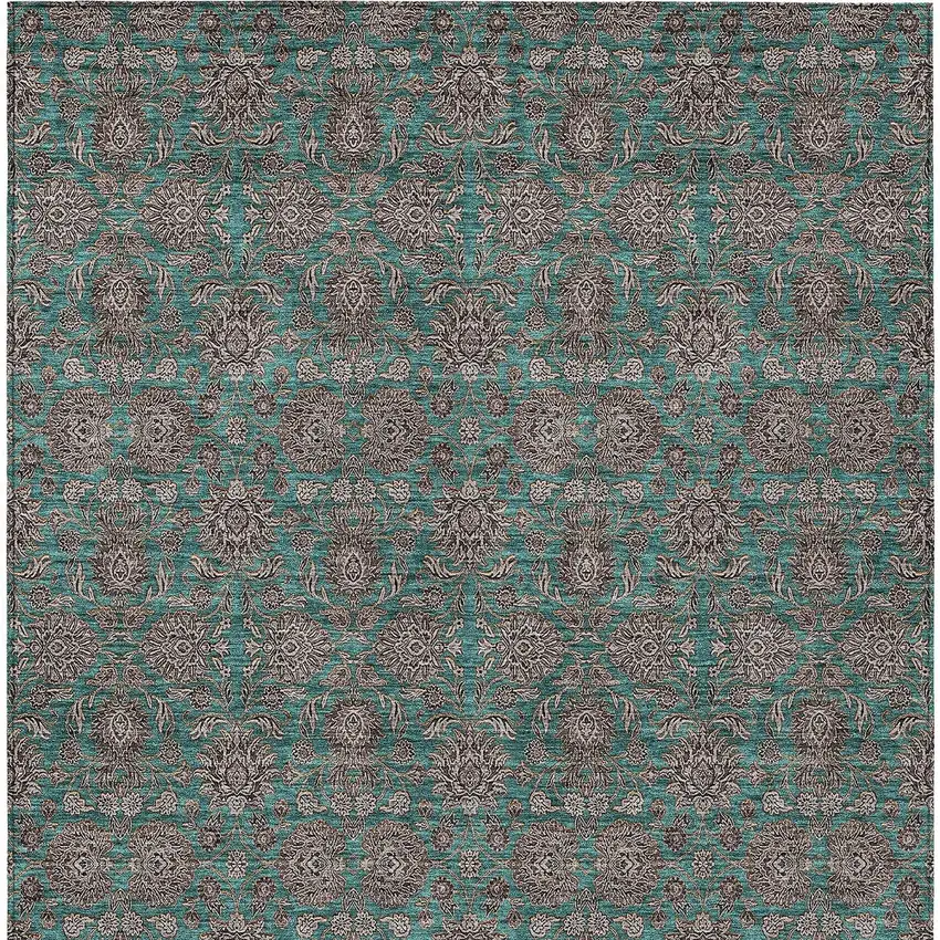 Teal Blue Beige And Taupe Floral Washable Indoor Outdoor Area Rug Photo 6