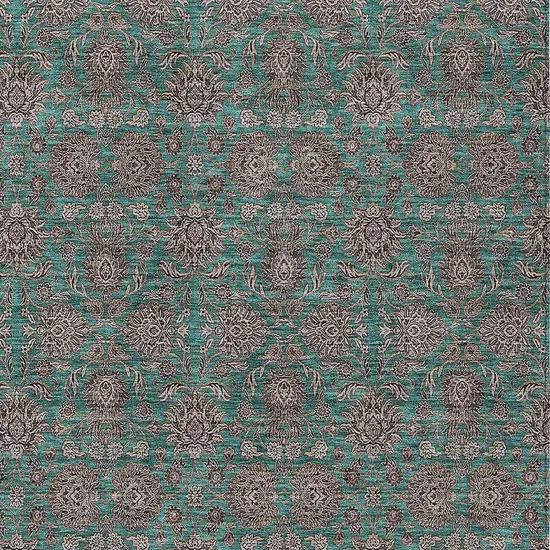Teal Blue Beige And Taupe Floral Washable Indoor Outdoor Area Rug Photo 5