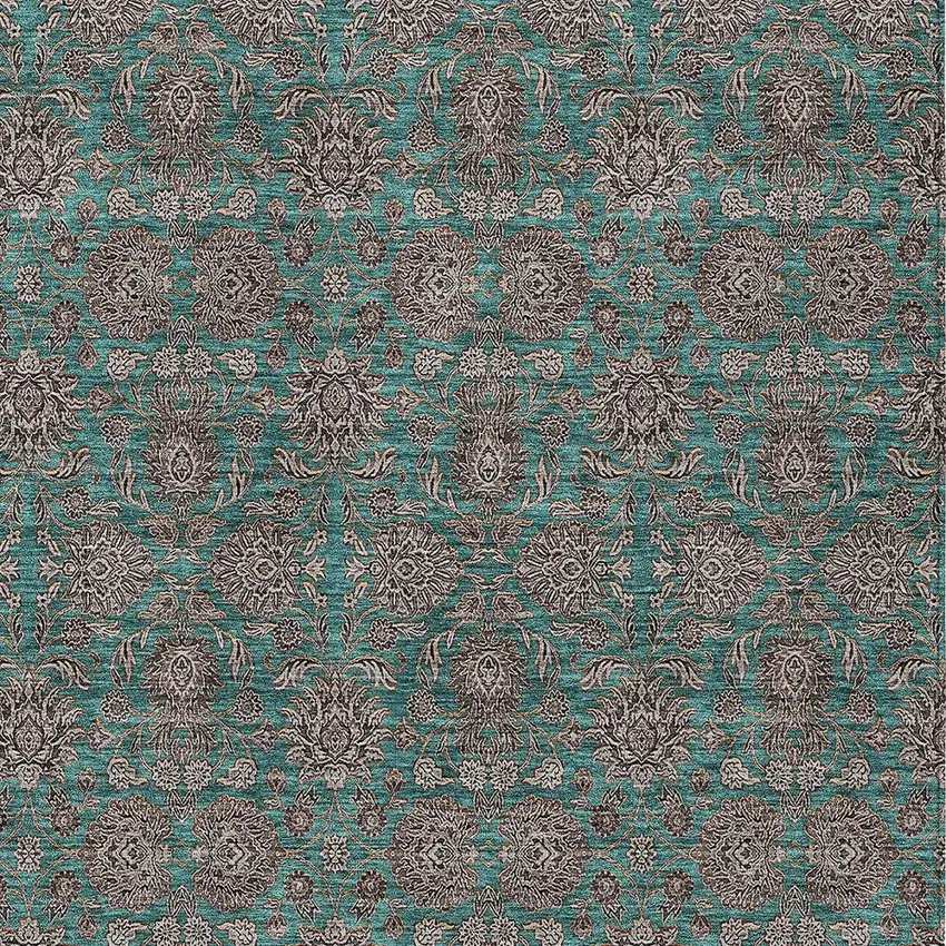 Teal Blue Beige And Taupe Floral Washable Indoor Outdoor Area Rug Photo 5