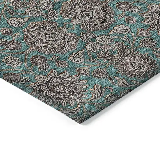 Teal Blue Beige And Taupe Floral Washable Indoor Outdoor Area Rug Photo 3
