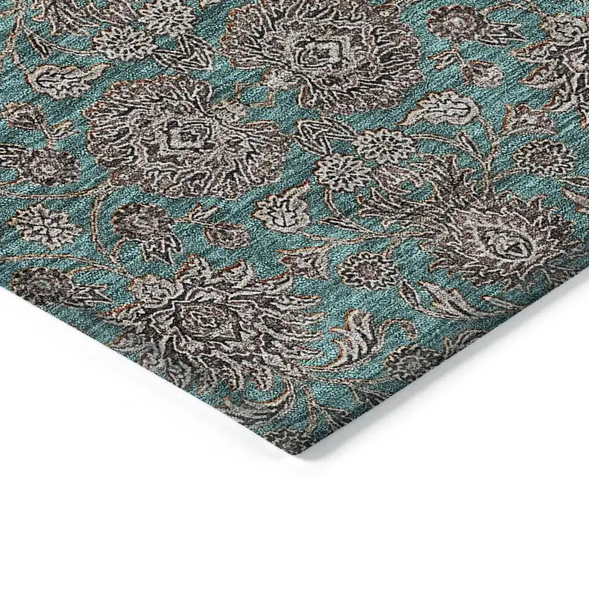 Teal Blue Beige And Taupe Floral Washable Indoor Outdoor Area Rug Photo 3