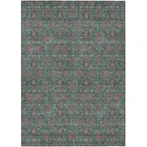 Photo of Teal Blue Beige And Taupe Floral Washable Indoor Outdoor Area Rug