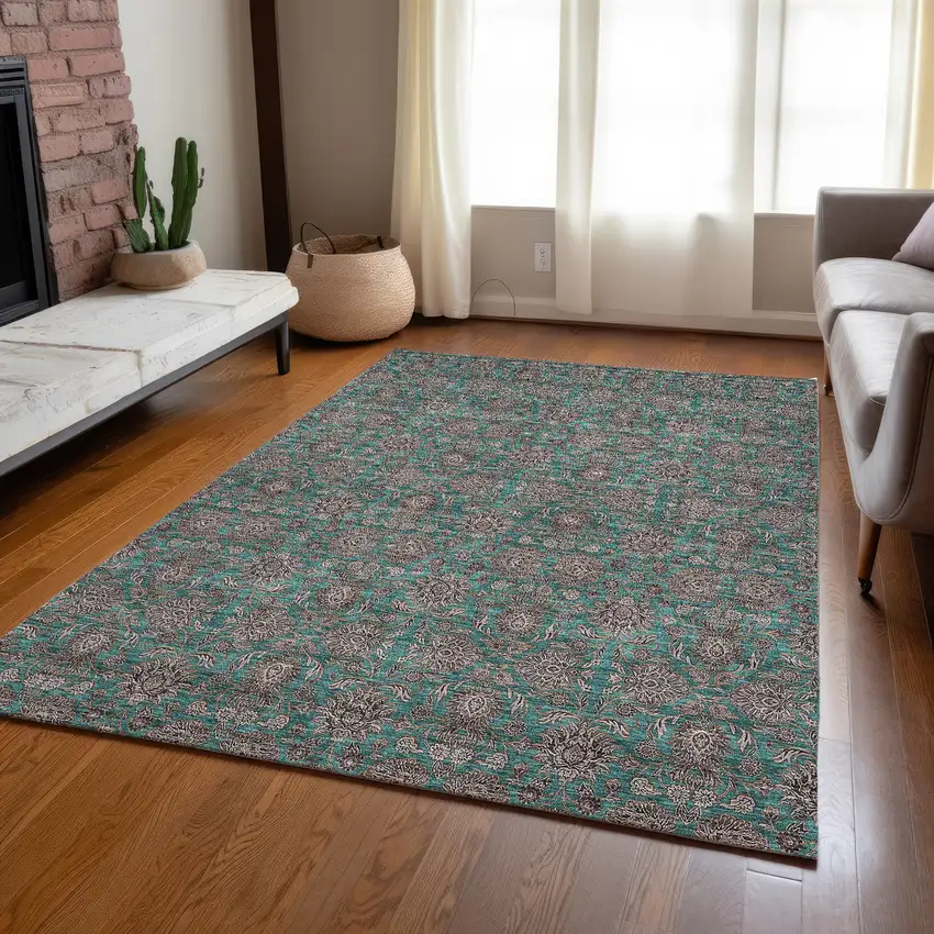 Teal Blue Beige And Taupe Floral Washable Indoor Outdoor Area Rug Photo 9