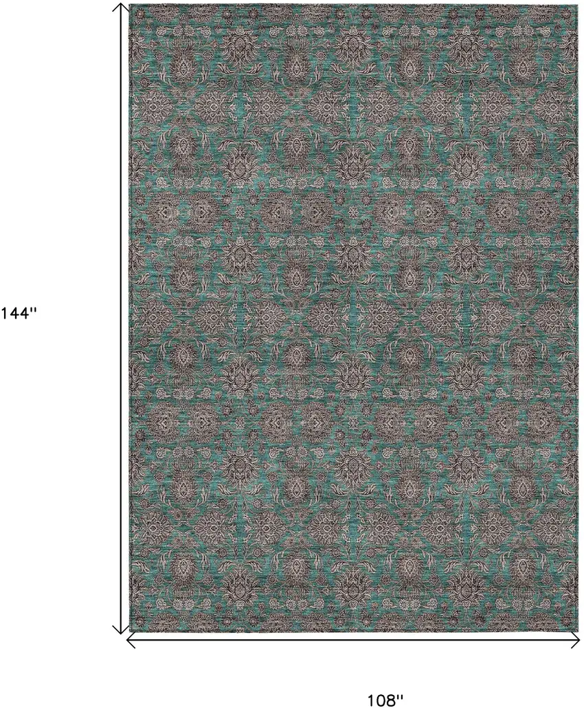 Teal Blue Beige And Taupe Floral Washable Indoor Outdoor Area Rug Photo 3