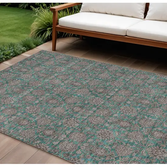 Teal Blue Beige And Taupe Floral Washable Indoor Outdoor Area Rug Photo 1