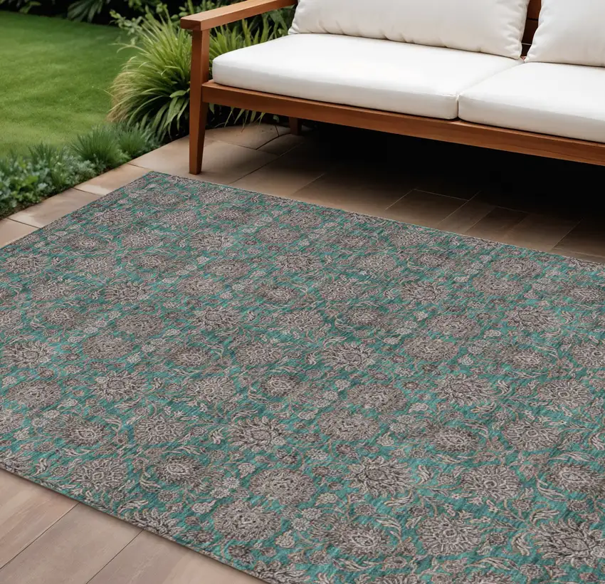 Teal Blue Beige And Taupe Floral Washable Indoor Outdoor Area Rug Photo 1