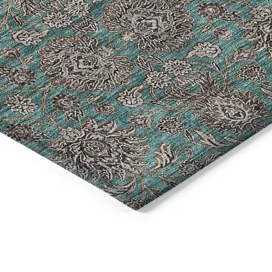 Teal Blue Beige And Taupe Floral Washable Indoor Outdoor Area Rug Photo 3