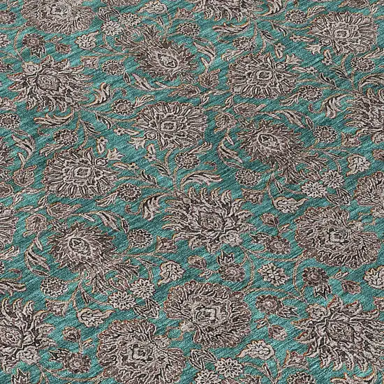 Teal Blue Beige And Taupe Floral Washable Indoor Outdoor Area Rug Photo 4