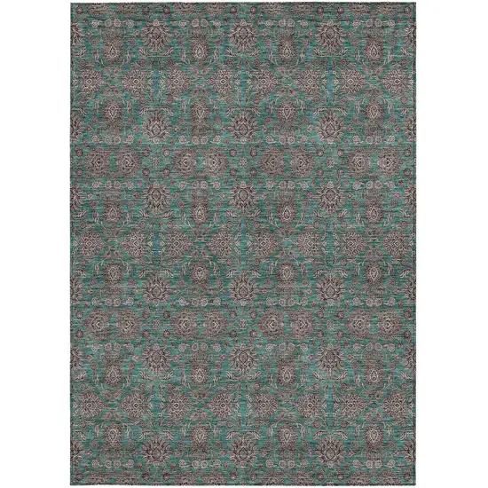 Teal Blue Beige And Taupe Floral Washable Indoor Outdoor Area Rug Photo 6