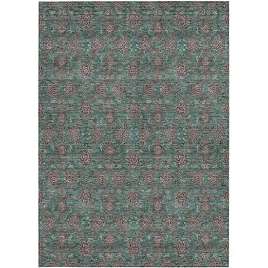 Teal Blue Beige And Taupe Floral Washable Indoor Outdoor Area Rug Photo 6