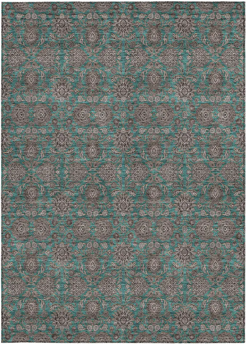Teal Blue Beige And Taupe Floral Washable Indoor Outdoor Area Rug Photo 6