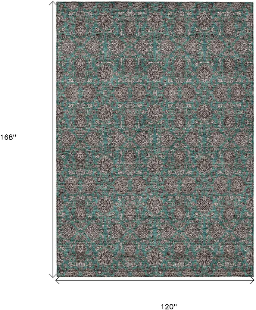 Teal Blue Beige And Taupe Floral Washable Indoor Outdoor Area Rug Photo 3