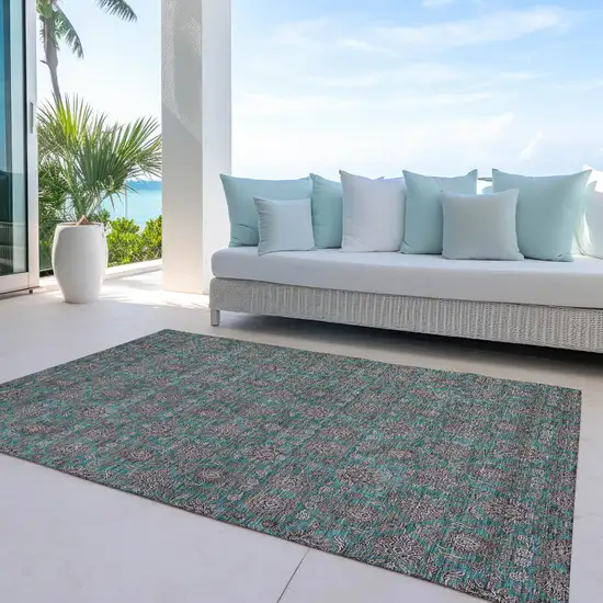 Teal Blue Beige And Taupe Floral Washable Indoor Outdoor Area Rug Photo 9