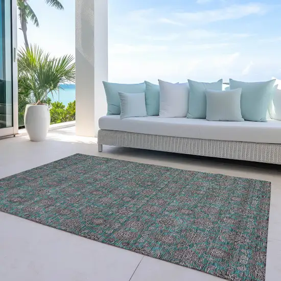 Teal Blue Beige And Taupe Floral Washable Indoor Outdoor Area Rug Photo 9