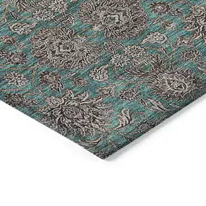 Photo of Teal Blue Beige And Taupe Floral Washable Indoor Outdoor Area Rug