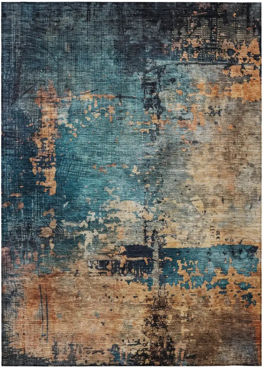 Teal Blue Black And Copper Abstract Washable Indoor Outdoor Area Rug Photo 2