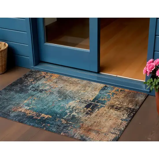 Teal Blue Black And Copper Abstract Washable Indoor Outdoor Area Rug Photo 1