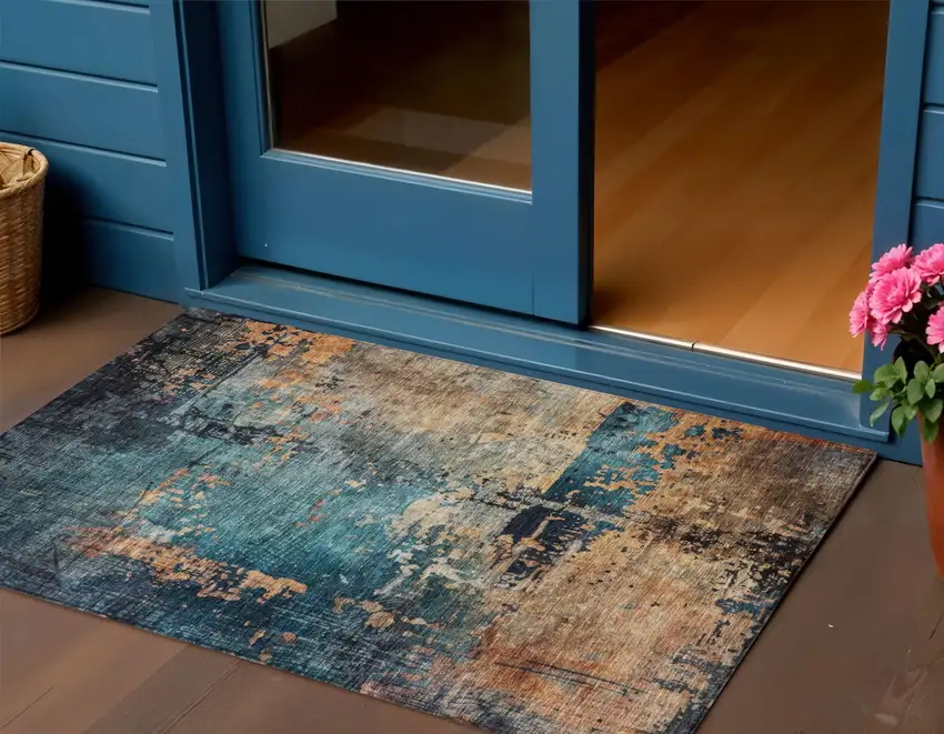 Teal Blue Black And Copper Abstract Washable Indoor Outdoor Area Rug Photo 1