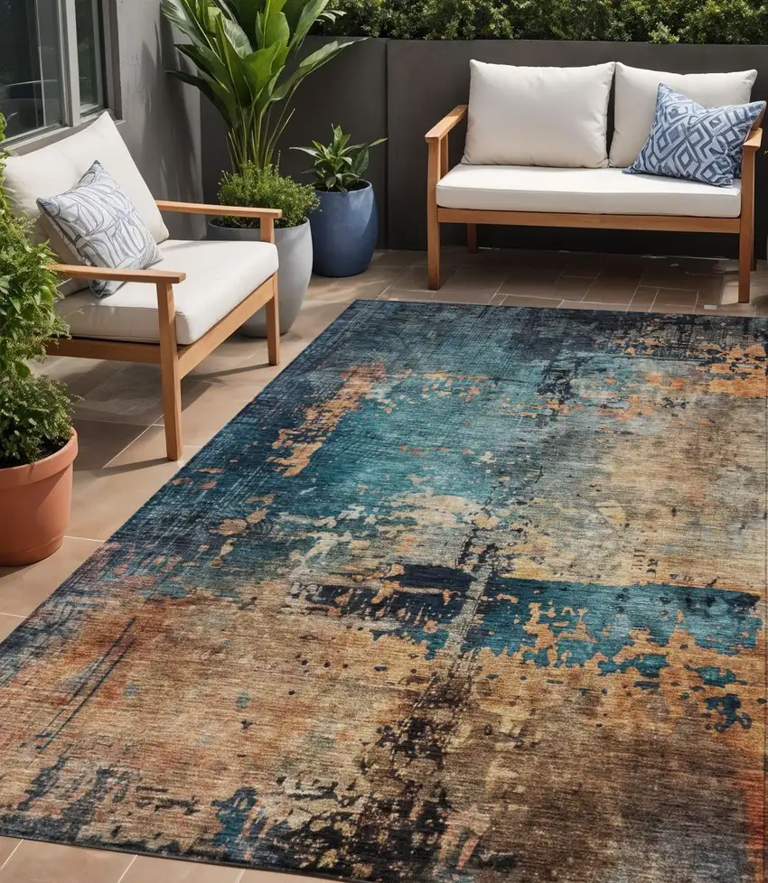 Teal Blue Black And Copper Abstract Washable Indoor Outdoor Area Rug Photo 1