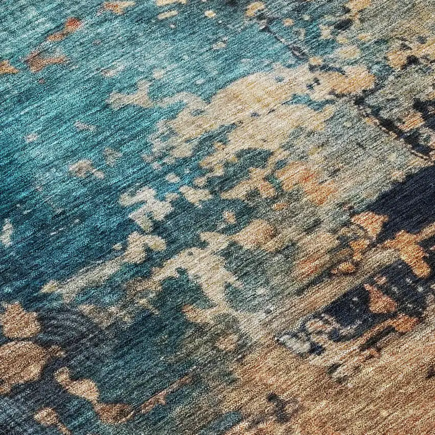 Teal Blue Black And Copper Abstract Washable Indoor Outdoor Area Rug Photo 8