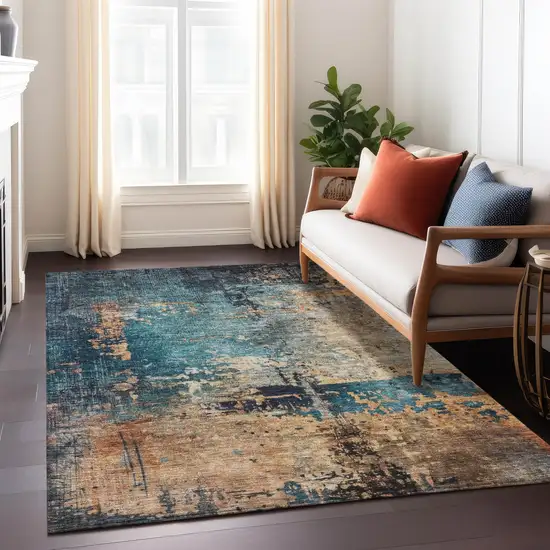 Teal Blue Black And Copper Abstract Washable Indoor Outdoor Area Rug Photo 9