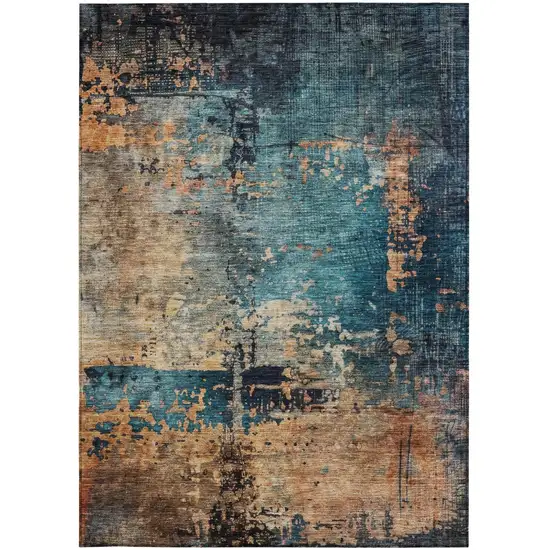 Teal Blue Black And Copper Abstract Washable Indoor Outdoor Area Rug Photo 7