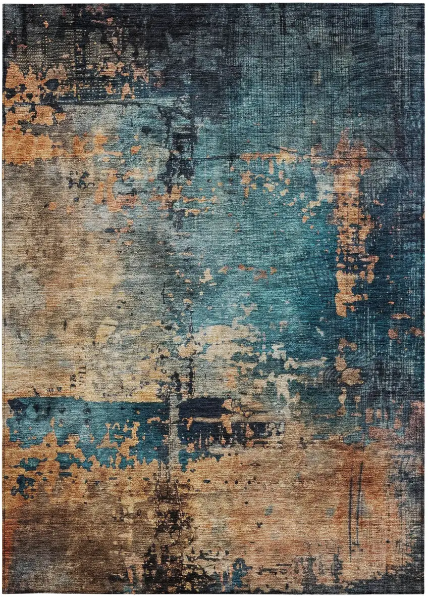 Teal Blue Black And Copper Abstract Washable Indoor Outdoor Area Rug Photo 7
