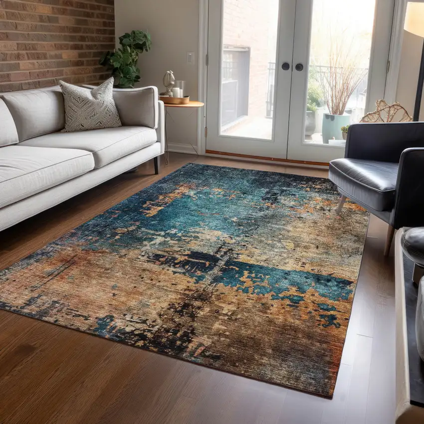 Teal Blue Black And Copper Abstract Washable Indoor Outdoor Area Rug Photo 9