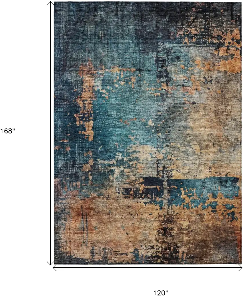 Teal Blue Black And Copper Abstract Washable Indoor Outdoor Area Rug Photo 3