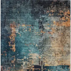 Photo of Teal Blue Black And Copper Abstract Washable Indoor Outdoor Area Rug