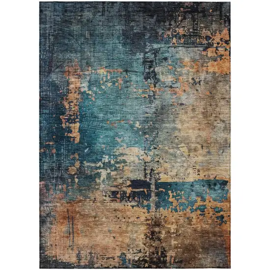 Teal Blue Black And Copper Abstract Washable Indoor Outdoor Area Rug Photo 2