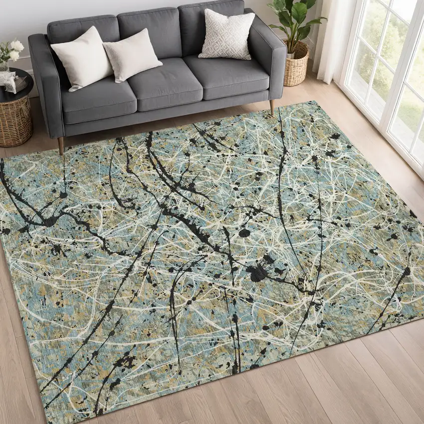 Teal Blue Black And Ivory Abstract Washable Indoor Outdoor Area Rug Photo 5