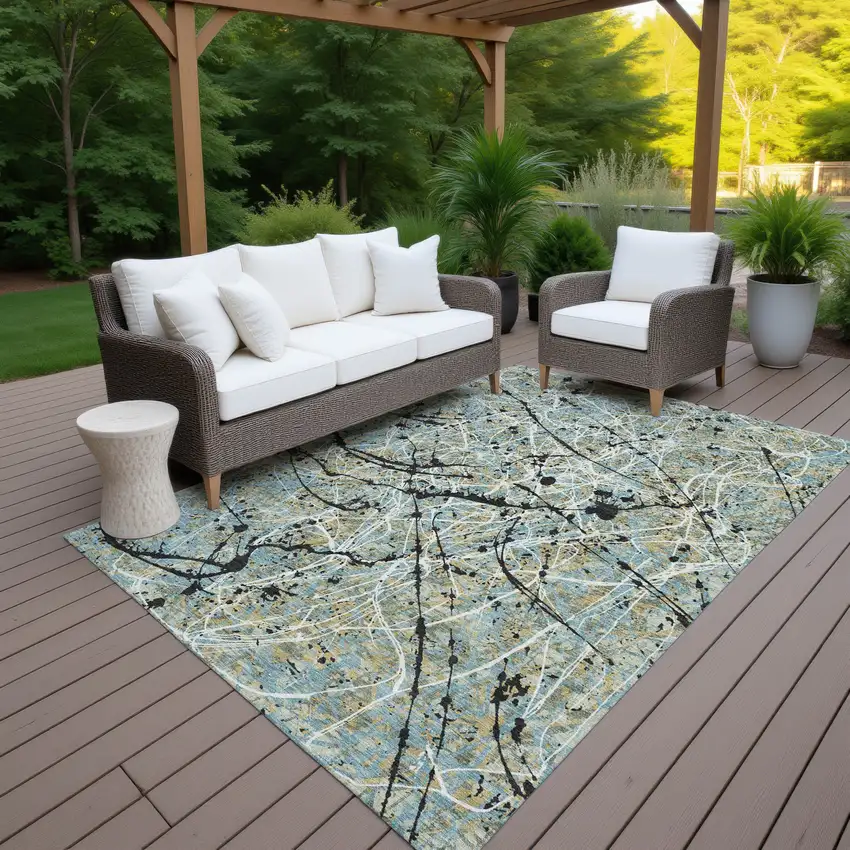 Teal Blue Black And Ivory Abstract Washable Indoor Outdoor Area Rug Photo 7