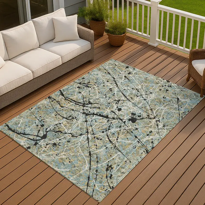Teal Blue Black And Ivory Abstract Washable Indoor Outdoor Area Rug Photo 4