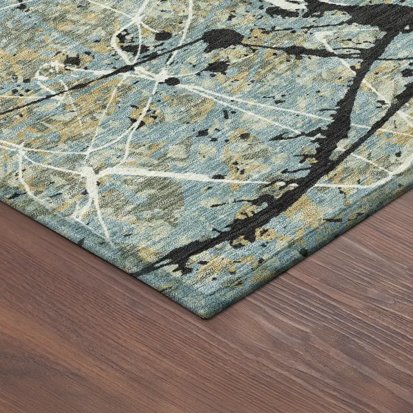 Teal Blue Black And Ivory Abstract Washable Indoor Outdoor Area Rug Photo 6