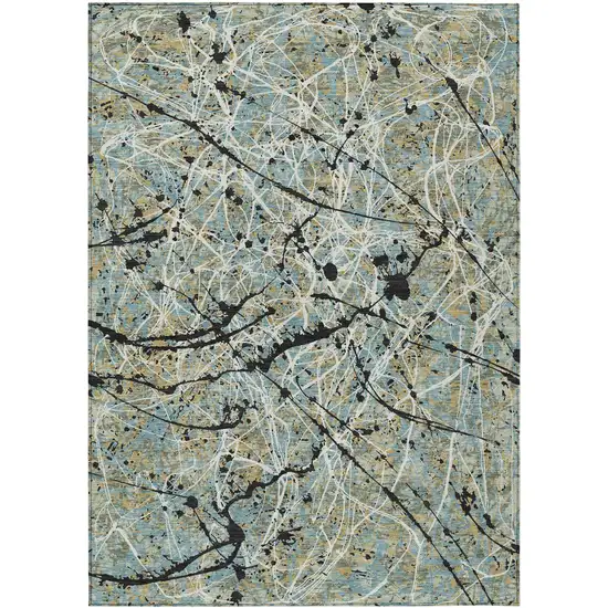 Teal Blue Black And Ivory Abstract Washable Indoor Outdoor Area Rug Photo 9