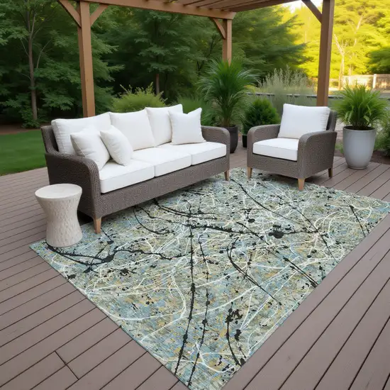 Teal Blue Black And Ivory Abstract Washable Indoor Outdoor Area Rug Photo 7