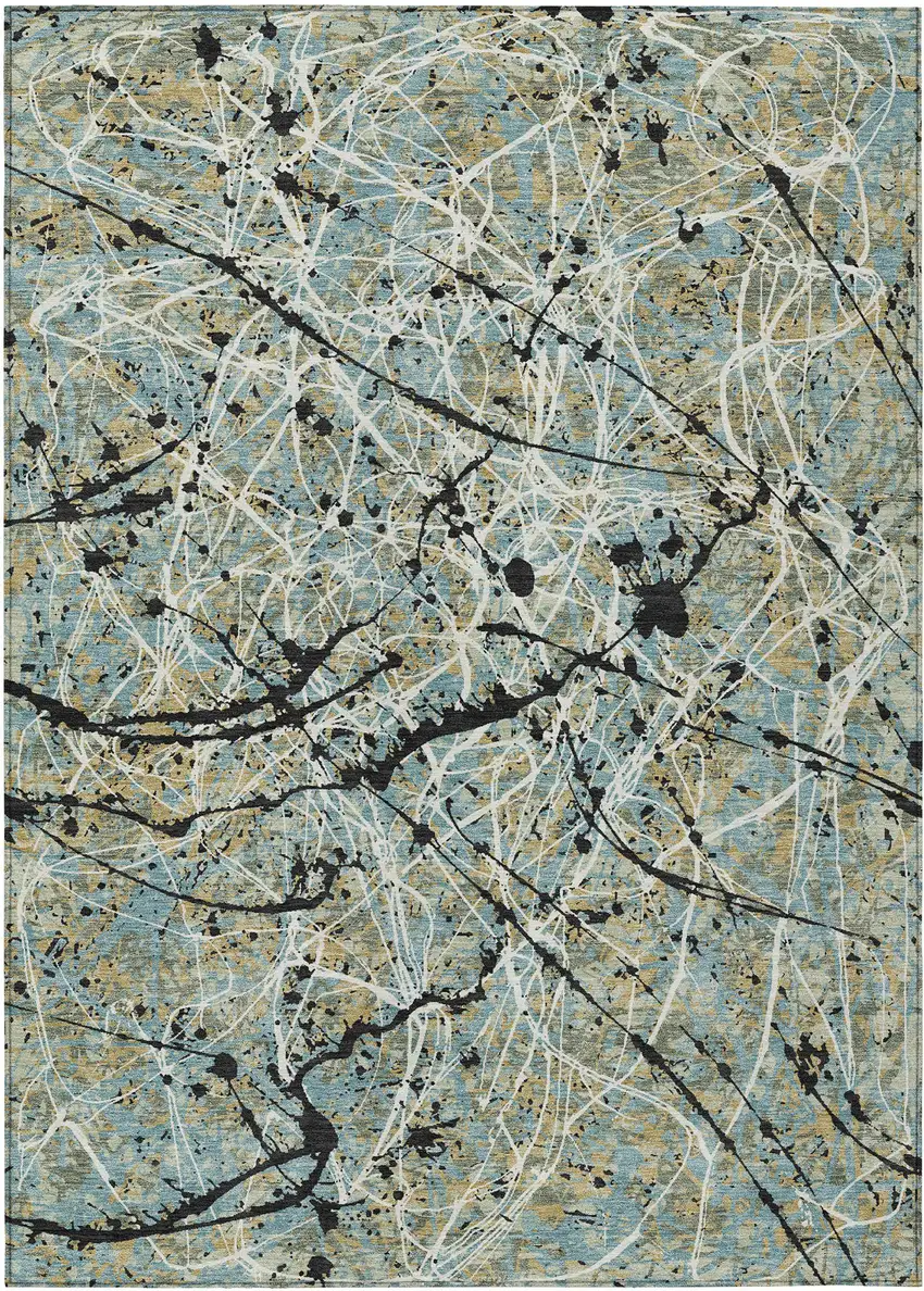 Teal Blue Black And Ivory Abstract Washable Indoor Outdoor Area Rug Photo 8