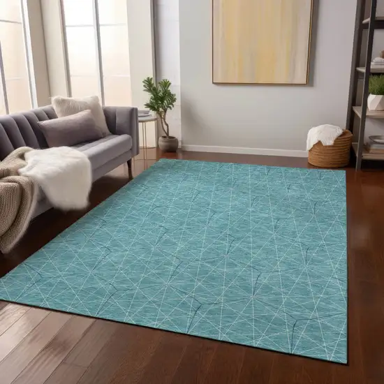 Teal Blue Black And Ivory Geometric Washable Indoor Outdoor Area Rug Photo 8