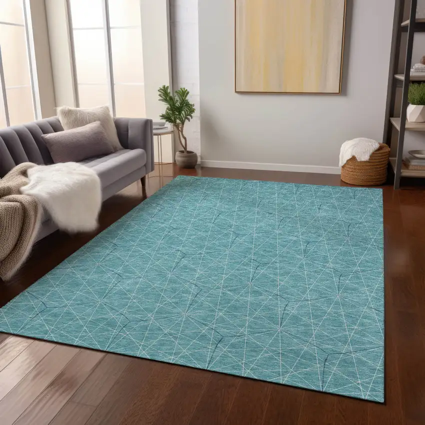 Teal Blue Black And Ivory Geometric Washable Indoor Outdoor Area Rug Photo 8