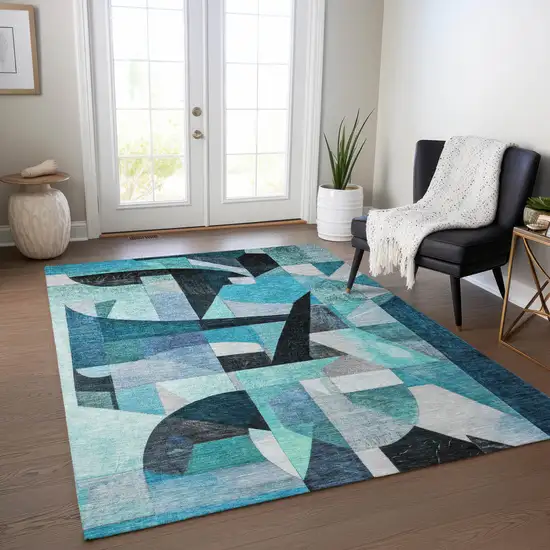 Teal Blue Black Aqua And Turquoise Abstract Washable Indoor Outdoor Area Rug Photo 6