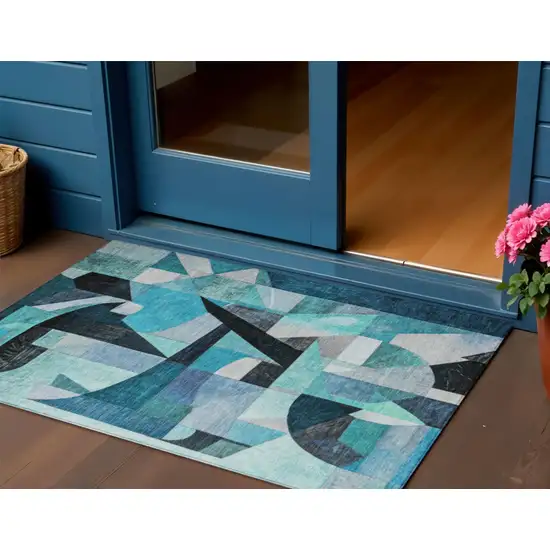 Teal Blue Black Aqua And Turquoise Abstract Washable Indoor Outdoor Area Rug Photo 2
