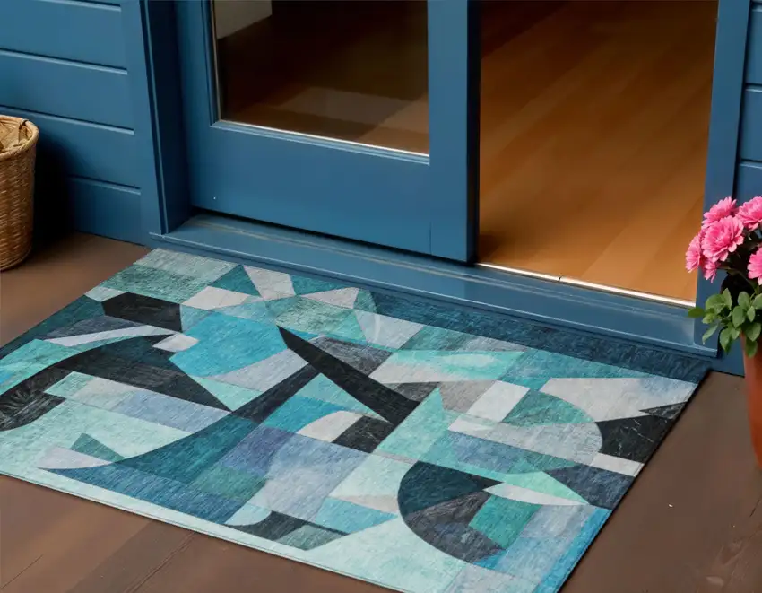 Teal Blue Black Aqua And Turquoise Abstract Washable Indoor Outdoor Area Rug Photo 2