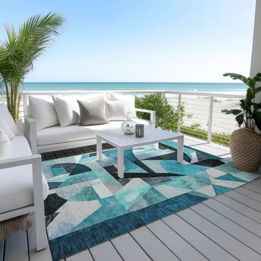 Teal Blue Black Aqua And Turquoise Abstract Washable Indoor Outdoor Area Rug Photo 5