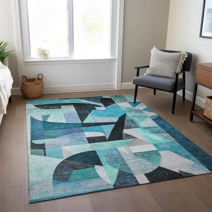 Teal Blue Black Aqua And Turquoise Abstract Washable Indoor Outdoor Area Rug Photo 7