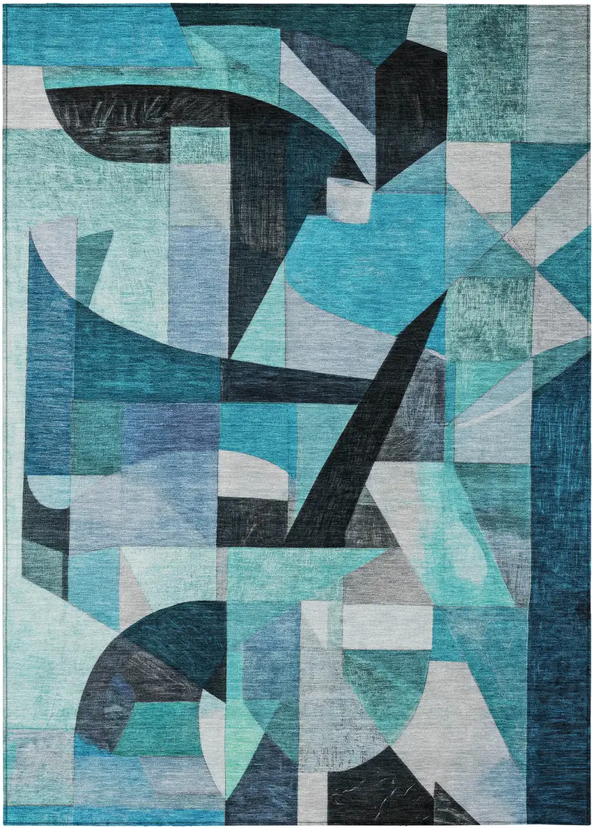Teal Blue Black Aqua And Turquoise Abstract Washable Indoor Outdoor Area Rug Photo 1