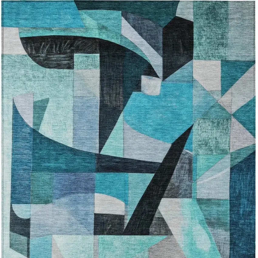 Teal Blue Black Aqua And Turquoise Abstract Washable Indoor Outdoor Area Rug Photo 4