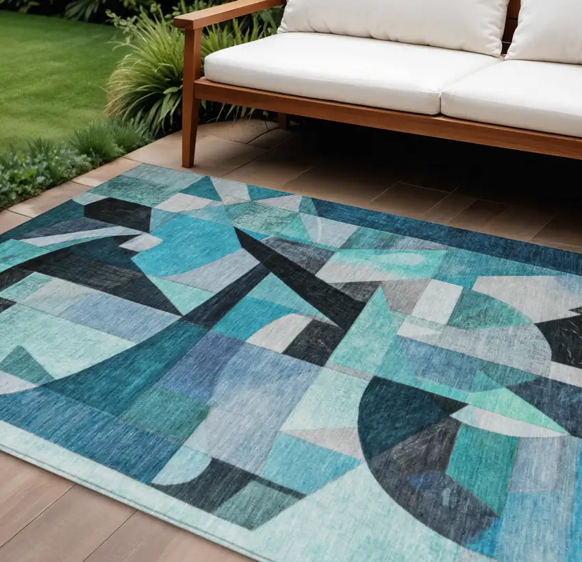 Teal Blue Black Aqua And Turquoise Abstract Washable Indoor Outdoor Area Rug Photo 2