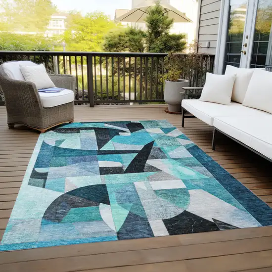 Teal Blue Black Aqua And Turquoise Abstract Washable Indoor Outdoor Area Rug Photo 8